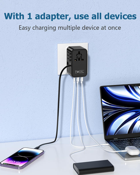 FOVAL 70W Universal Travel Adapter, Retractable USB C Cable, All-in-one International Plug Adapter for Travel