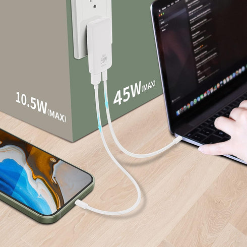 65W GaN USB C Charger, 2 Port Flat Wall Charger with PD3.0 & PPS, 3.28ft 100W Cable for MacBook, iPhone, White