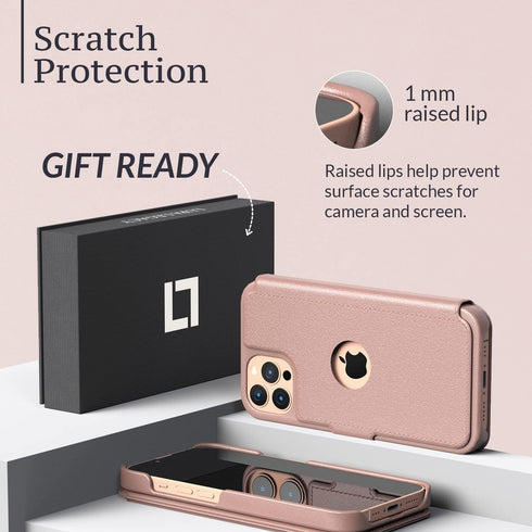 LUPA iPhone 11 Pro Flip Wallet Case - Slim Faux Leather Purse with Credit Card Holder, Rose Gold