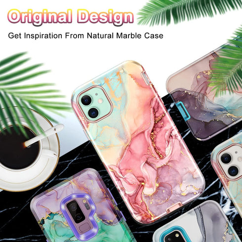 CASEFIV iPhone 11 Case, Rose Gold Marble Pattern, 3-in-1 Heavy Duty Shockproof, Full Body Rugged PC+Soft Silicone Cover.