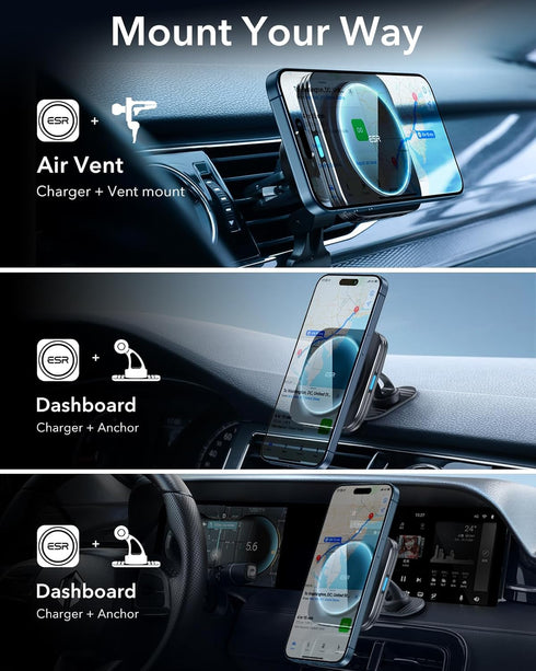 ESR Qi2 15W MagSafe Car Mount Charger, Air Vent/Dashboard Magnetic Wireless Charger for iPhone 15/14/13/12, Black