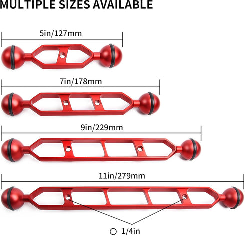 Red 11" Double Ball Aluminum Alloy Extension Arm, 1" Ball Head Connector for Underwater Arm, 2pack
