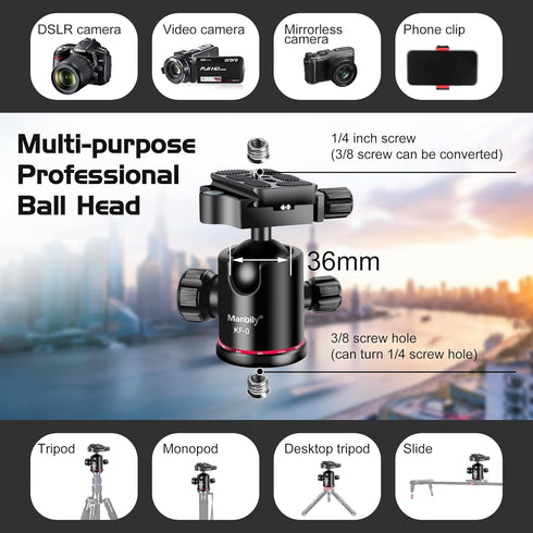 Manbily Ball Head Tripod Head - 360° Panoramic Monopod with Metal Aluminum Body, Extra Arca Swiss Plate, 17.6lbs Load