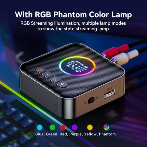 M10 RGB Upgraded Bluetooth 5.4 Audio Receiver Transmitter for TV Home Stereo/Speakers with USB, RCA, AUX