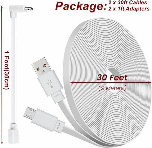 2 Pack 30ft Power Extension Cable for Wyze Cam v4/Pan v3/OG/v3 Pro Security Camera, Flat USB to Micro USB Charging Cord