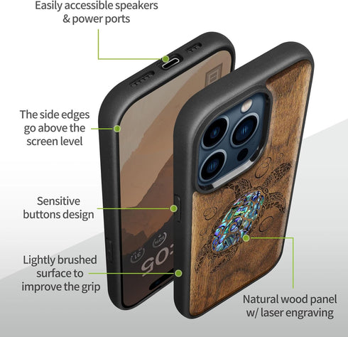 Carveit Designer Wooden Protective Case for iPhone 15 Pro, Magnetic Cover with Wood Engraving - Sea Turtle-Walnut