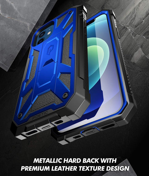 Poetic Spartan iPhone 12/iPhone 12 Pro Case, Full-Body Rugged Dual-Layer Shockproof Cover with Kickstand, Metallic Blue