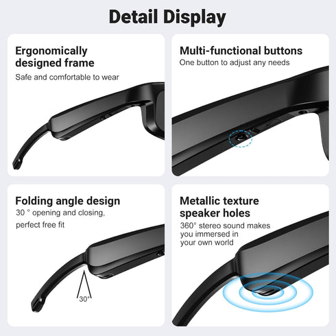 Smart Glasses, Polarized Bluetooth Sunglasses with Built-in Mic & Speakers, Voice Assistant, UV Protection