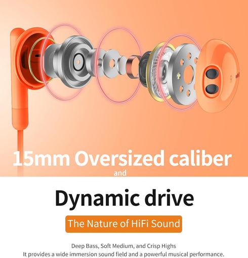Wired Earbuds with Microphone, HiFi Stereo In-Ear Headphones, Compatible with iPhone, Android, 3.5mm Jack (Orange)