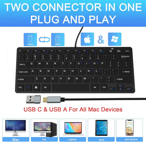 Ultra-Slim 78keys USB-C Mini Wired Keyboard with Media Hotkeys for Apple Mac Pro, MacBook 56Pro/ iMac, Air, Mac Mini, Laptop Computers, Windows Desktop PC 11/10/8/7, With USB-C to A OTG Adapter, Black