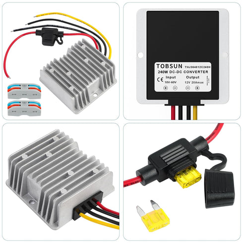 20A 240W Waterproof Voltage Converter 18V 20V 24V 36V 48V to 12V with Fuse Buck Reducer for Golf Cart (Inputs 18V-60V)