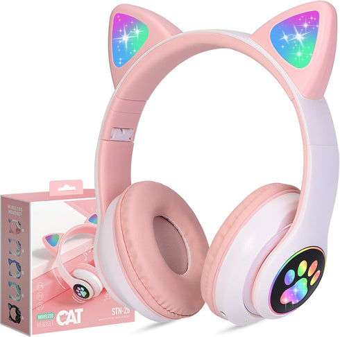 Kids Wireless Headphones, Cat Ear LED Light Up Bluetooth Foldable Headphones with Microphone for Online Learning