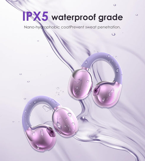King Lucky Clip on Earbuds, Open Ear Wireless Bluetooth 5.4 Headphones with Mic, 50H Play, Waterproof, Sports (Purple)