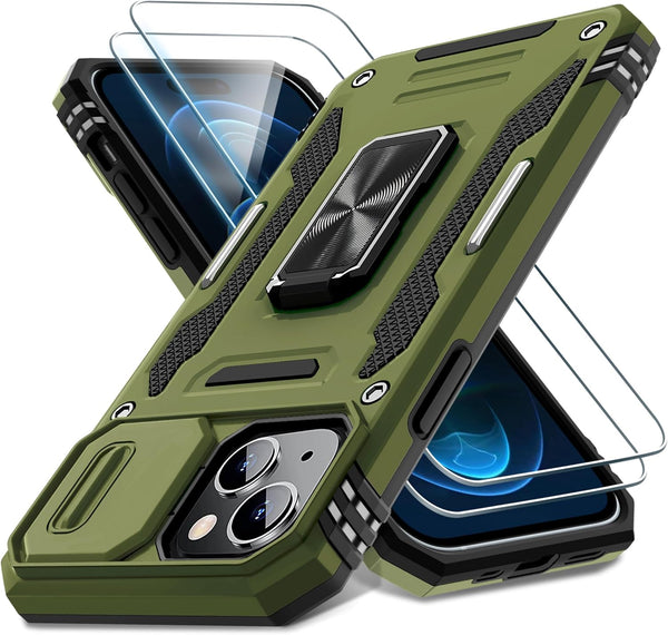 DEERLAMN iPhone 15 Case - Olive Green, Military Grade Shockproof, Slide Camera Cover, Screen Protector (2 Packs),