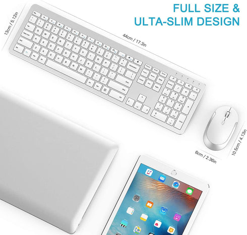 Wireless Keyboard and Mouse Combo, Full Size Slim Thin Wireless Keyboard with Numeric Keypad (White & Silver)