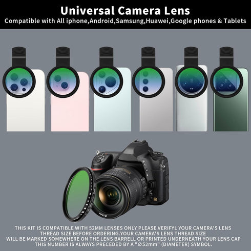 Beysfilter 52MM ND2-ND400 16/15/14/13 Phone Variable Filter, Multi-Coating Clip Adjustable Neutral Density Lens Kit