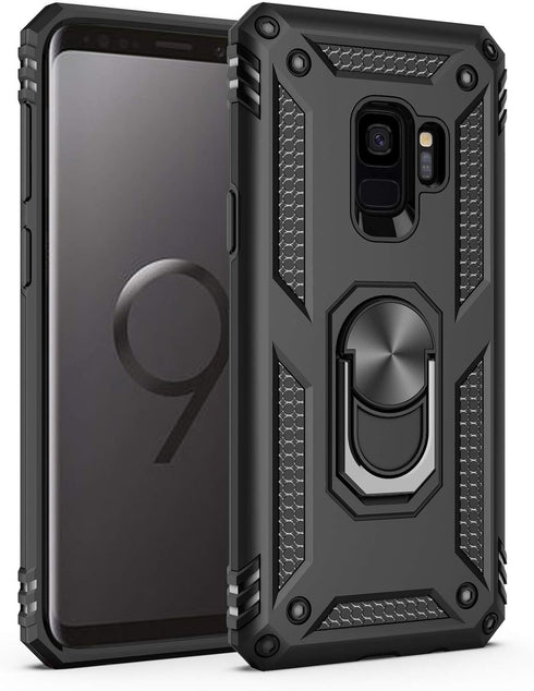 IKAZZ Military Grade Shockproof Case for Galaxy S9 - Heavy Duty Protective Phone Cover with Magnetic Kickstand, Black