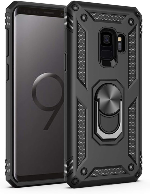 IKAZZ Military Grade Shockproof Case for Galaxy S9 - Heavy Duty Protective Phone Cover with Magnetic Kickstand, Black