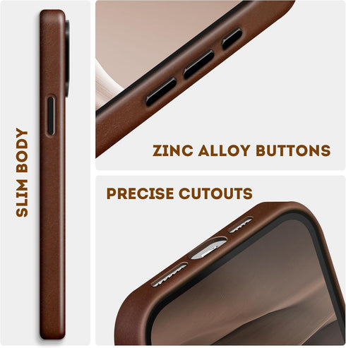 Genuine Leather Case for iPhone 15 Pro Max 6.7 inch, Rustic Brown, Oil Wax Top-Grain Leather, MagSafe Compatible