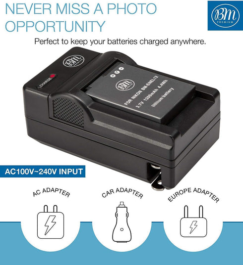 BM Premium EN-EL12 Battery and Charger for Nikon Coolpix A1000 B600 W300 A900 AW100 AW110 AW120 AW130 Cameras