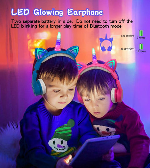 Unicorn Kids Bluetooth Headphones, 15 Hours Playtime, Toddler Bluetooth Headphones for Girls Boys, LED Light Up