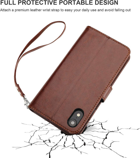 Bocasal Wallet Case for iPhone Xr, PU Leather Magnetic Detachable Kickstand Shockproof Cover with Wrist Strap