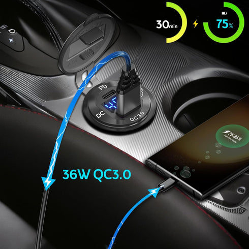 High Voltage USB Outlet 12V-60V Aluminum Car Charger Socket, PD 30W USB C and QC 36W Waterproof Cigarette Lighter