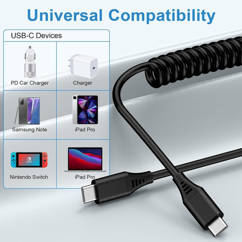 3ft Retractable USB C to C Car Charger Cable for iPhone 15 Pro Max, Coiled Fast Charging Cord for Samsung
