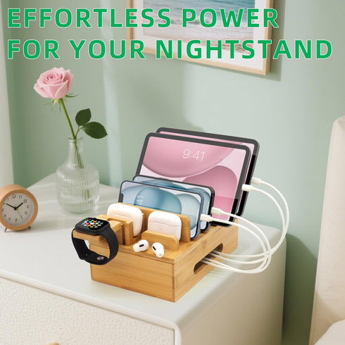 LEOKKARR Bamboo Charging Station with Watch Stand, Desktop Charging Station Organizer, Wood Docking Station for Phones