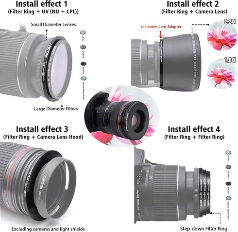 105mm to 86mm Camera Lens Adapter, 105mm-86mm Filter Step-Down Ring, CNC Machined for 86mm Filters