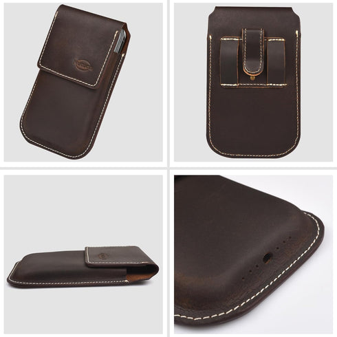 Genuine Leather Phone Holster with Belt Clip, Cell Phone Pouch for iPhone and Smartphone, Leather Phone Case