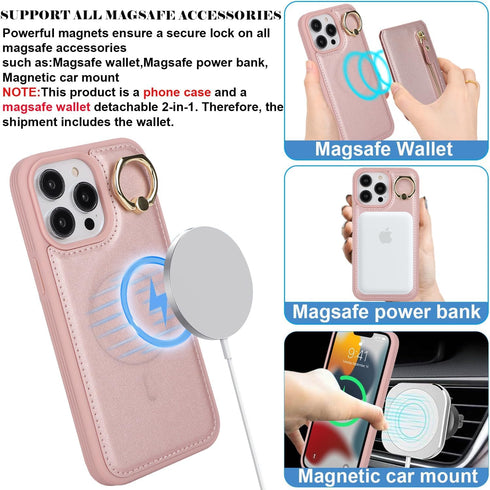 iPhone 15 pro max case with Card Holder, iPhone 15 pro max Phone Case Wallet for Women magsafe Compatible Wallet Detachable 2-in-1 for Men-Pink