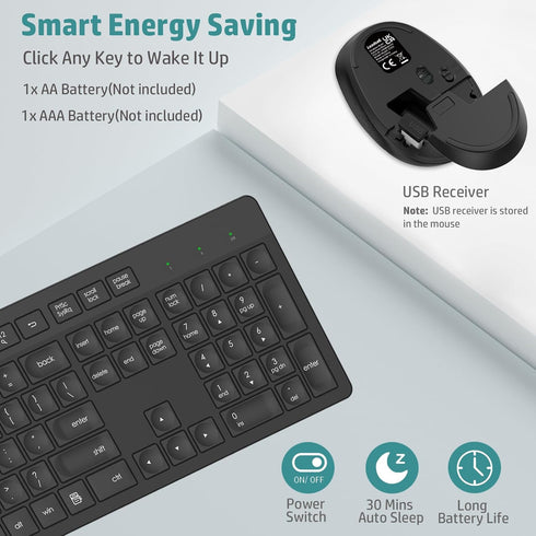 LeadsaiL Wireless Keyboard and Mouse Combo, Full-Sized Ergonomic Keyboard, Silent Mouse Set, 2.4GHz USB Receiver