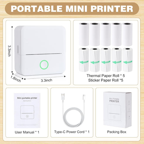 Thermal Mini Printer, Portable Inkless Sticker Maker, Bluetooth Printer for Phone, Compatible with iOS & Android