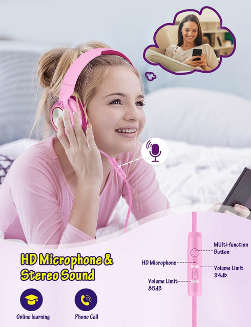 Kids Headphones with Microphone, Wired Over Ear Headsets with Limited Volume 85dB/ 94dB for Boys Girls Teens Children Online School/Travel/iPad/Tablet/Cellphone