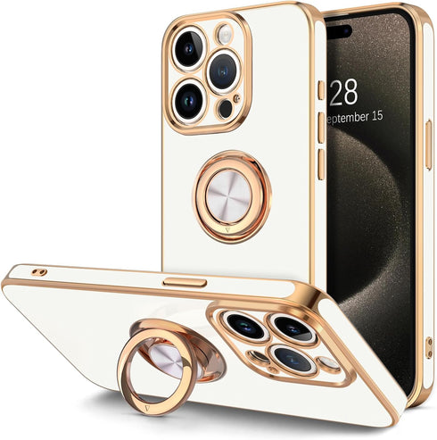 Hython Case for iPhone 15 Pro, 360° Rotatable Ring Holder Magnetic Kickstand, Rose Gold Edge Soft Cover, White