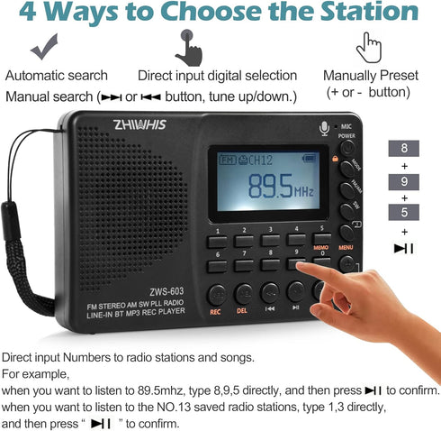 ZHIWHIS Portable Bluetooth Radio, Rechargeable Digital Recorder, FM AM Shortwave, Stereo MP3 Player with Lyric Display