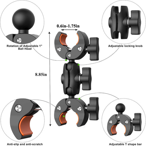 Motorcycle Bike Handlebar Mount for Insta360 with 118cm Selfie Stick, Double Clamp Mount for Cycling Videos