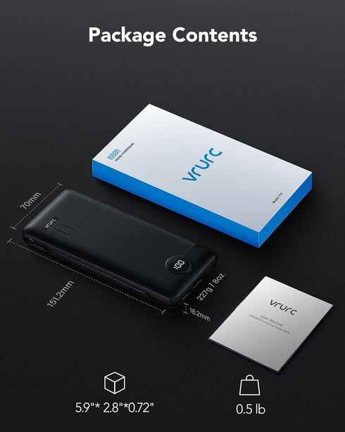 VRURC Portable Charger with Wall Plug, 10000mAh Slim Power Bank with Built-in Cables, PD 20W Fast Charging