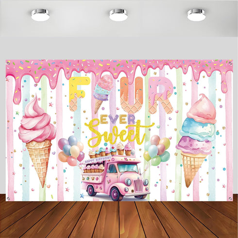 xuanflyF Ice Cream 4th Birthday Party Decoration, Ice Cream 4th Birthday Backdrop Banner,