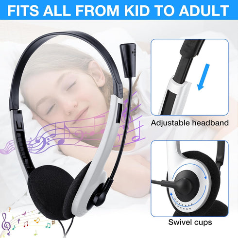 Yunsailing 30 Pack Kids Headphones with Microphone, Lightweight Adjustable Earphones, 3.5 mm Jack (White)