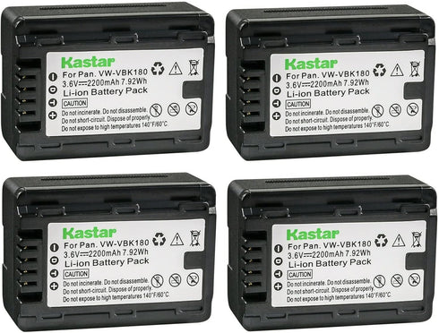 Kastar 4-Pack Battery - VW-VBK180 Replacement for Panasonic HDC-TM40PC, HDC-TM41, HDC-TM45, HDC-TM55, HDC-TM60 Cameras