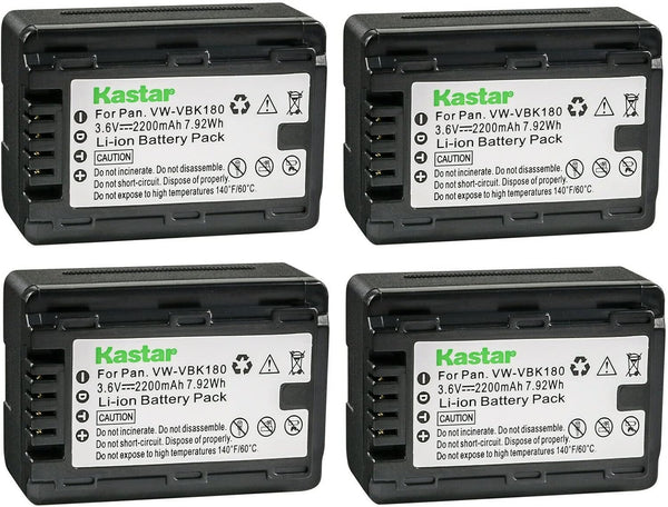 Kastar 4-Pack Battery - VW-VBK180 Replacement for Panasonic HDC-TM40PC, HDC-TM41, HDC-TM45, HDC-TM55, HDC-TM60 Cameras