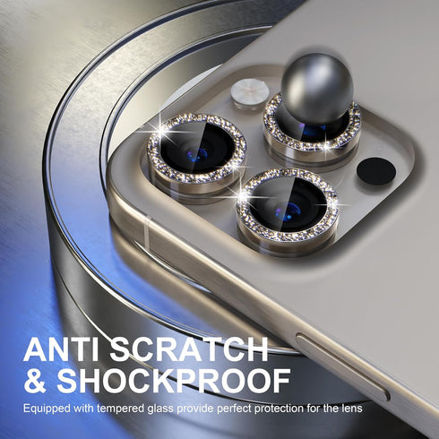 Choiche 9H Tempered Glass Camera Lens Protector for iPhone 15 Pro/Pro Max, Glitter-Titanium with Metal Ring Decoration.