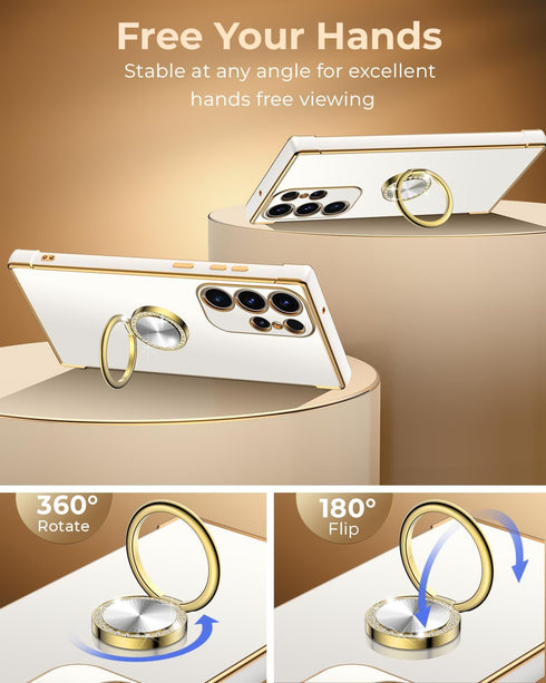 Miss Arts Luxury Bling Phone Case for Samsung Galaxy S22 Ultra, Ring Holder Stand, Cute Soft TPU Cover for Women Girls