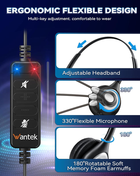 Headsets Headset (UC600) Wantek Corded USB Mono with Noise Cancelling Mic and in-line Controls, UC Business for Skype