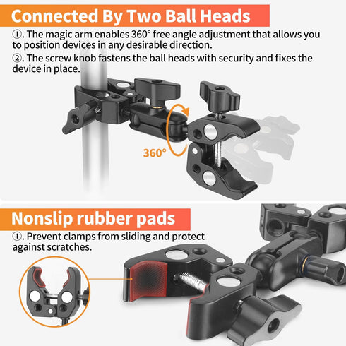 Double Clamp Mount Bracket with 360° Ballhead Magic Arm, Super Clamp for Umbrella, Tripod, and Light Stand