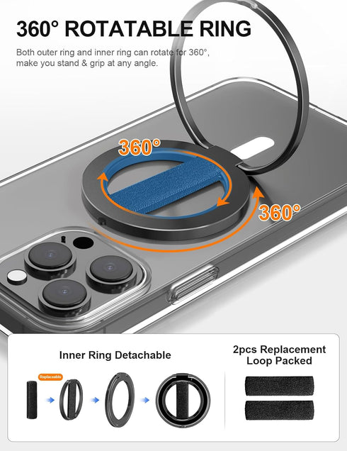 EWA MagOne Ultra Phone Grip Stand with Replaceable Elastic Finger Loop, Removable Magnetic Ring Holder