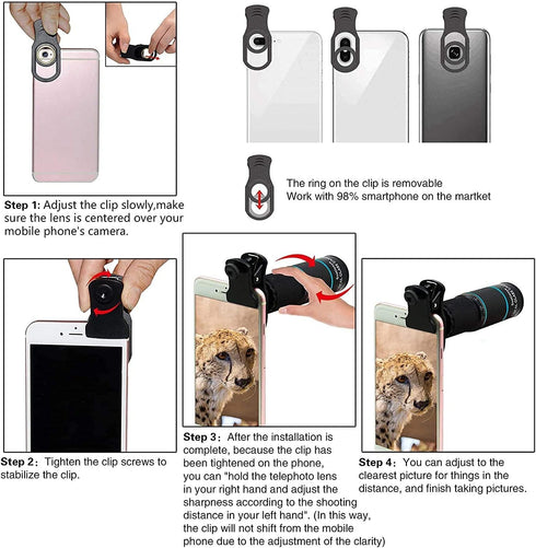 Phone Camera Lens Kit 10 in 1 for iPhone, Samsung, Android, 22X Telephoto, 0.62X Wide Angle, Macro, Black