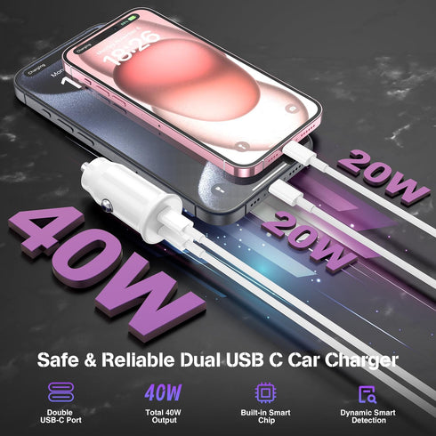 Fast Charging Car Charger for iPhone 16 15 Pro Max, 40W Dual Port USB C with 2Pack 6ft USB C Cable, Type C Adapter,